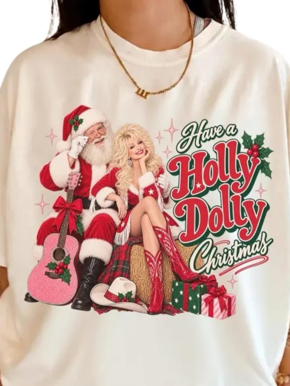 Cream 'Have a Holly Dolly Christmas' Graphic Tee